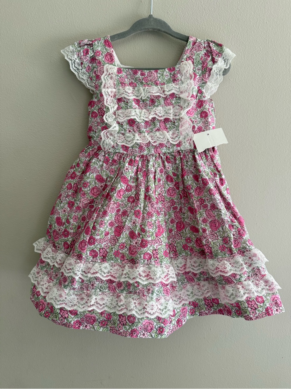 NWT Baby Girls Floral Dress Pink White 12M Cap Sleeve Lace Square Neck